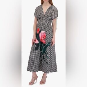 LELA ROSE Black Gingham Floral Print V-Neck Midi Dress